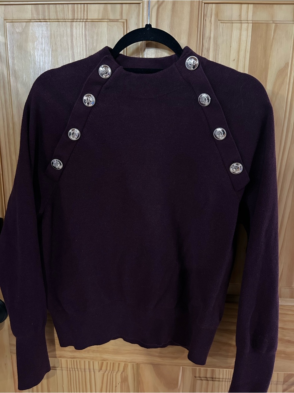 Ann Taylor Plum Crewneck Sweater with Decorative Shoulder Buttons